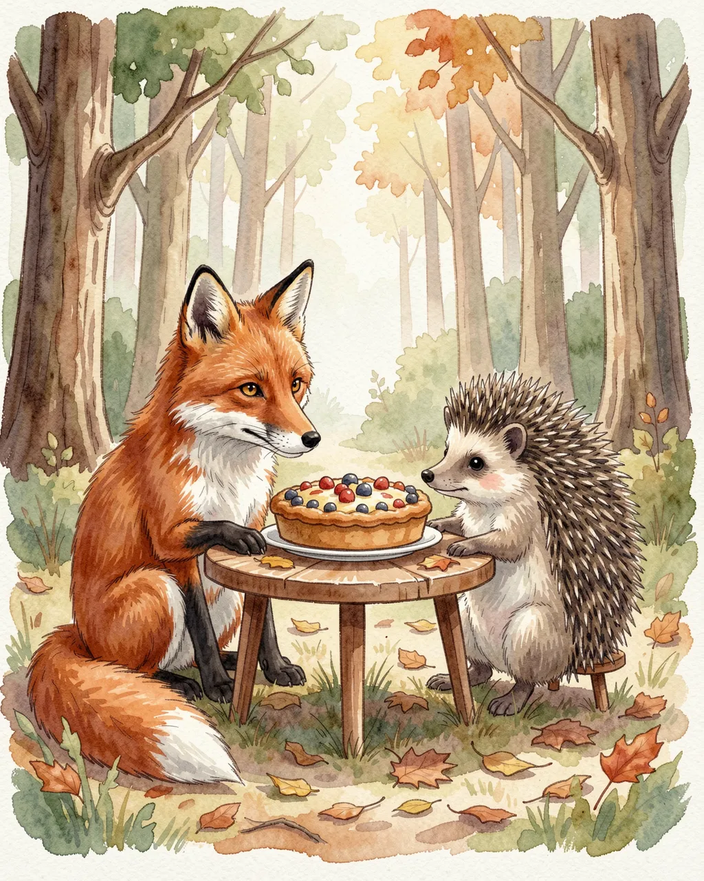 Watercolor illustration of a red fox and hedgehog sharing a berry pie at a tiny wooden table in an autumn forest