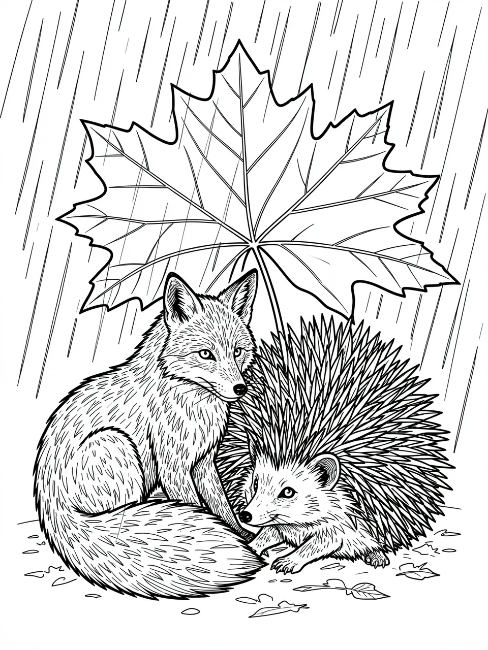 Black and white line art of a fox and hedgehog sheltering under a large maple leaf during rain