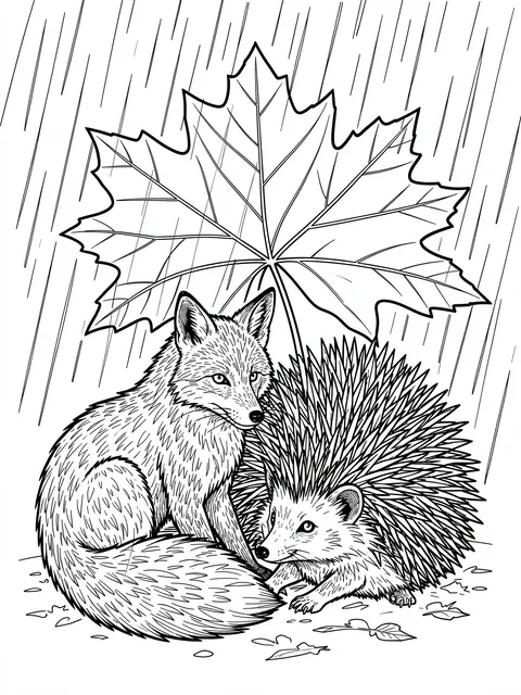 Black and white line art of a fox and hedgehog sheltering under a large maple leaf during rain