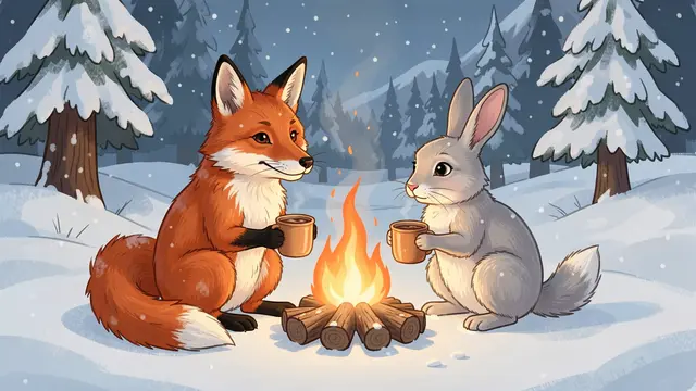 A red fox and gray rabbit sit by a snowy campfire holding mugs of warm cocoa as snow falls