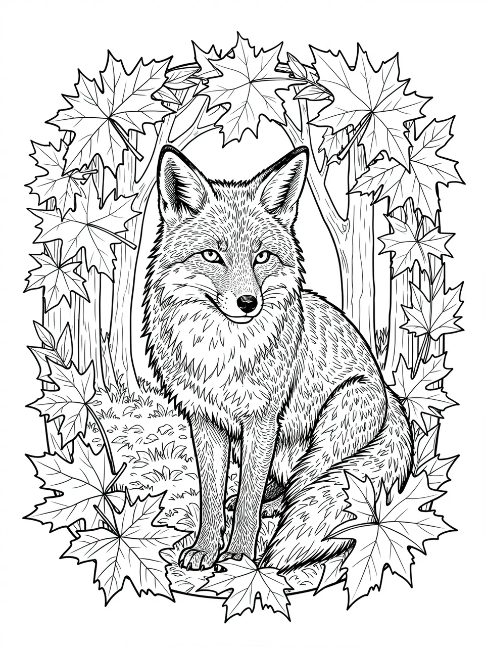 Intricate black and white line art of a sitting fox framed by maple leaves on a white background