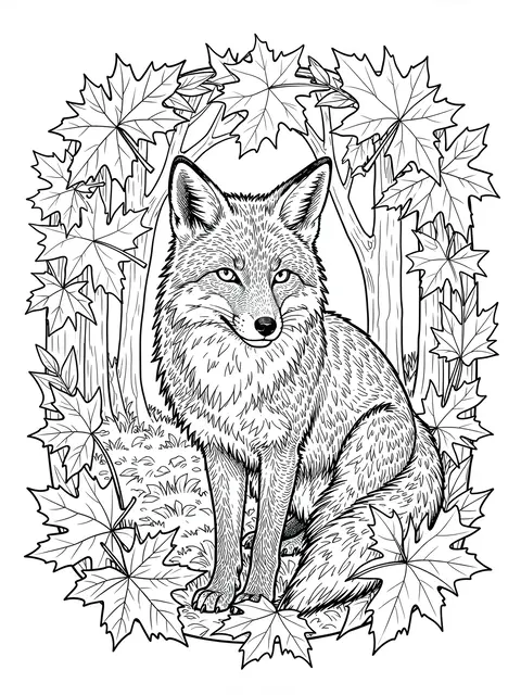 Intricate black and white line art of a sitting fox framed by maple leaves on a white background