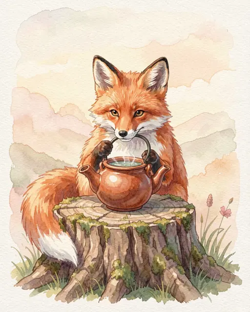 A watercolor illustration of a red fox holding a clay teapot on a mossy tree stump at soft sunrise