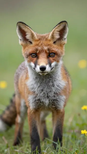 A young red fox cub stands facing the camera in a grassy meadow with small yellow wildflowers.