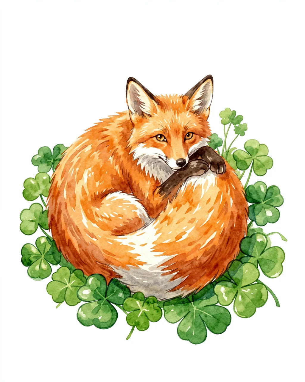 A watercolor illustration of a curled red fox resting in a patch of green shamrocks against a white background
