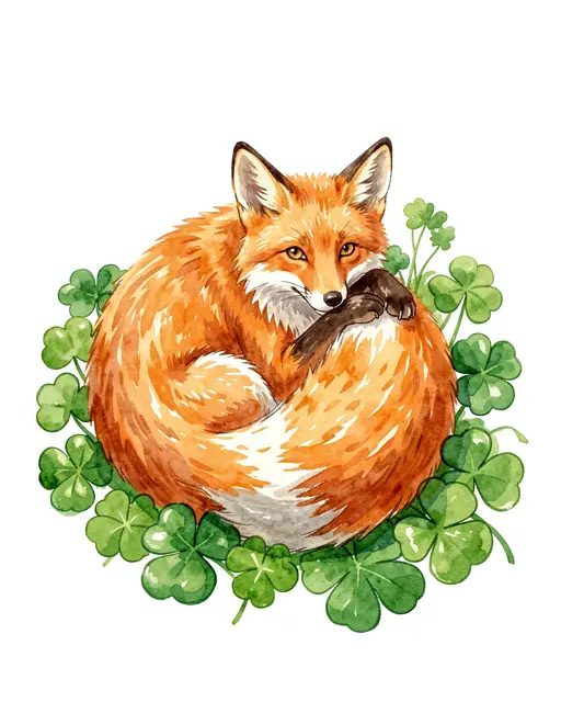 A watercolor illustration of a curled red fox resting in a patch of green shamrocks against a white background