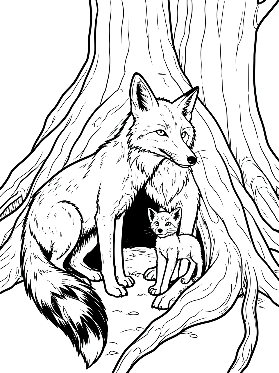 Black and white line art of an adult mother fox and a young kit beside their den under exposed tree roots