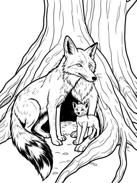 Black and white line art of an adult mother fox and a young kit beside their den under exposed tree roots
