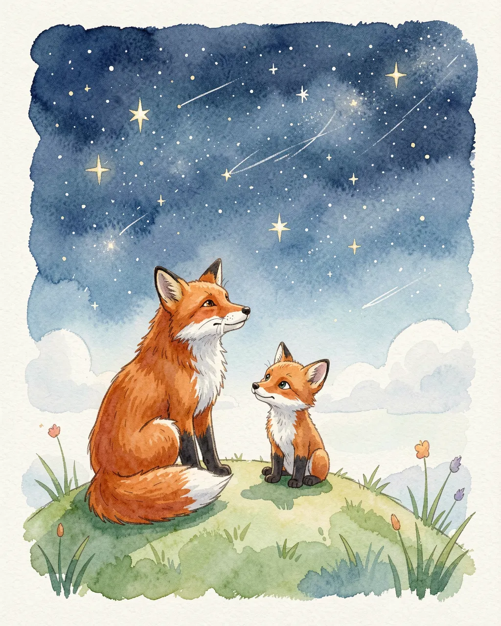 A watercolor illustration of an adult red fox and a young fox kit sitting together on a grassy hill under a starry night sky.