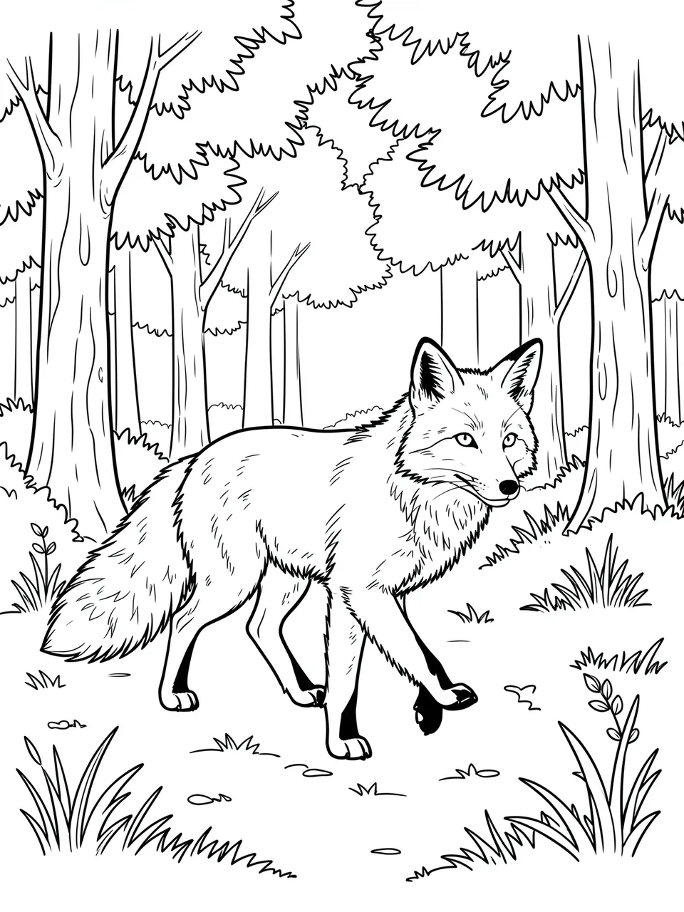 Black and white line art of a red fox trotting through a forest clearing