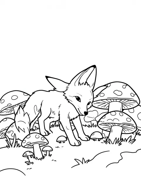 Black and white line art of a playful fox kit standing among spotted mushrooms on a plain white background