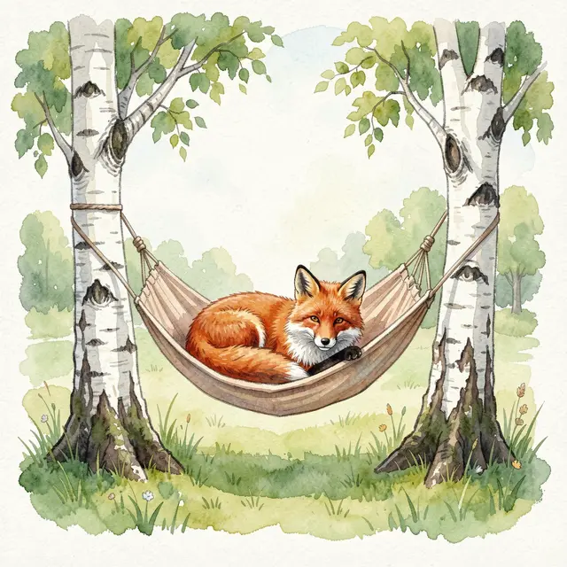 A fluffy red fox rests curled in a fabric hammock strung between two birch trees on a sunny summer afternoon