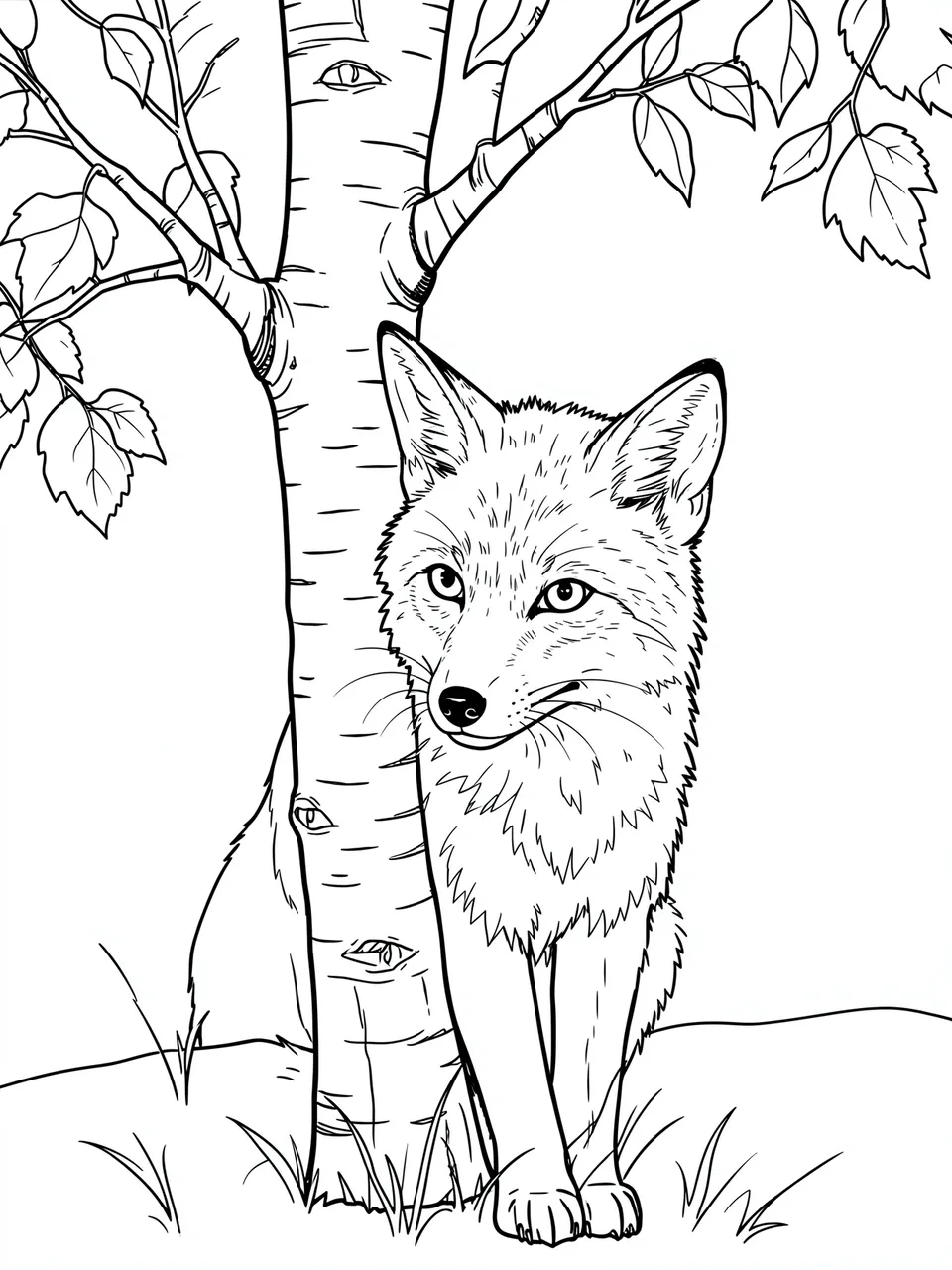 Black and white line art of a fox partially standing beside a birch tree on a plain white background