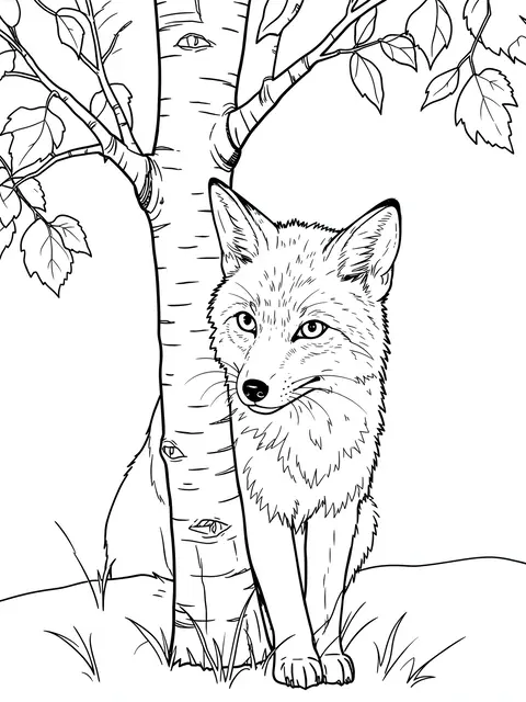 Black and white line art of a fox partially standing beside a birch tree on a plain white background