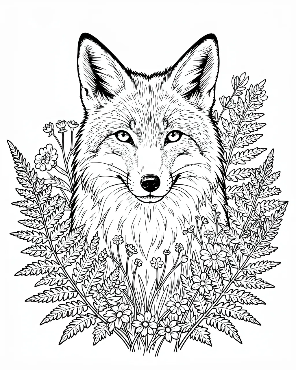 Black and white line art portrait of a fox surrounded by ferns and small wildflowers on a plain white background