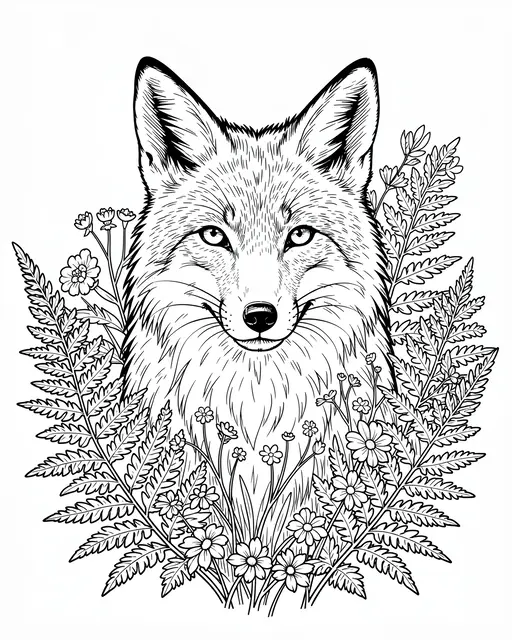 Black and white line art portrait of a fox surrounded by ferns and small wildflowers on a plain white background
