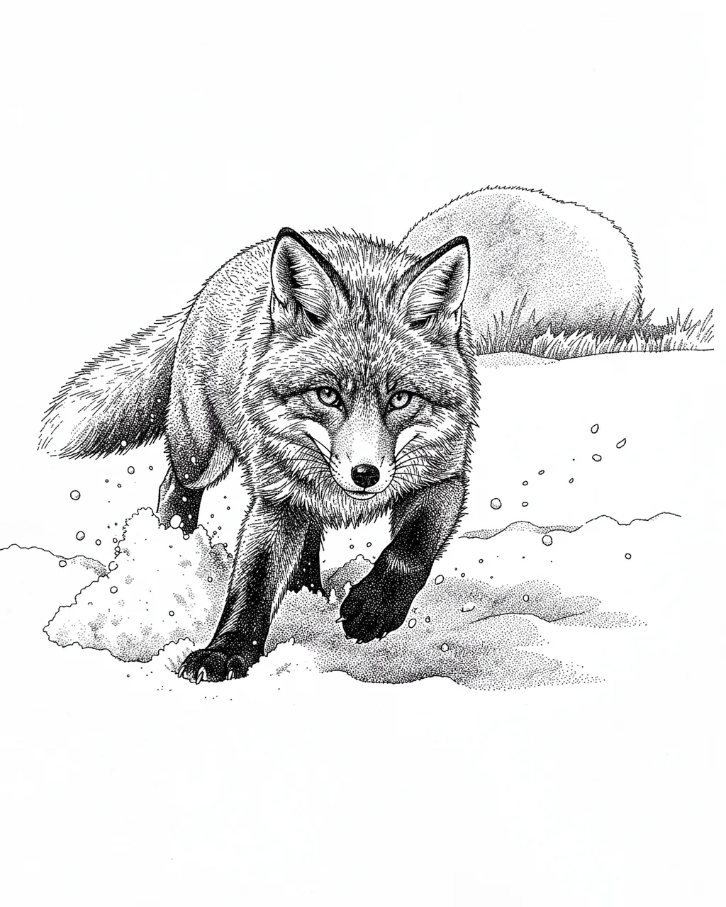 Pen and ink stippled drawing of a fox mid-movement through fresh snow, facing the viewer