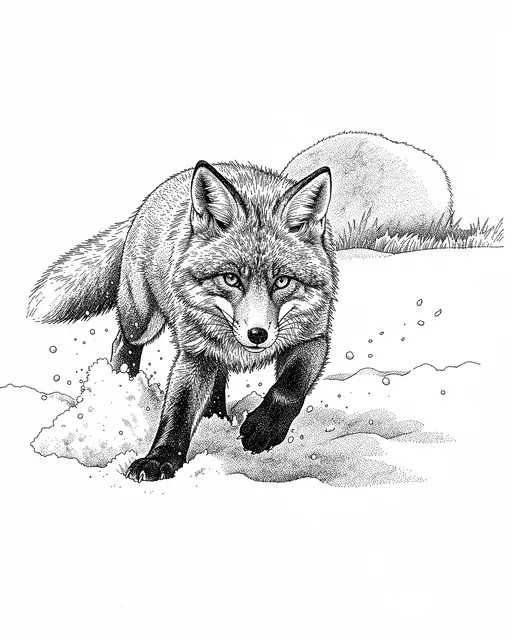 Pen and ink stippled drawing of a fox mid-movement through fresh snow, facing the viewer
