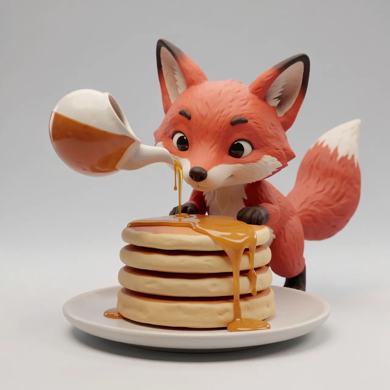 Clay style 3D render of a cute red fox pouring syrup over a stack of pancakes