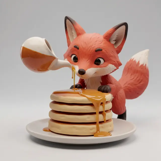 Clay style 3D render of a cute red fox pouring syrup over a stack of pancakes