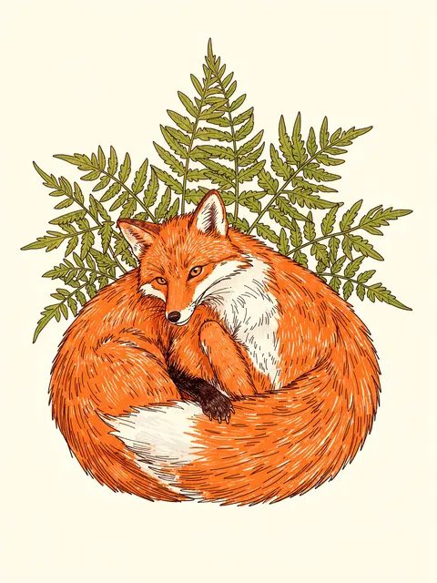 Orange ink line art illustration of a curled red fox resting in front of green fern fronds on cream background