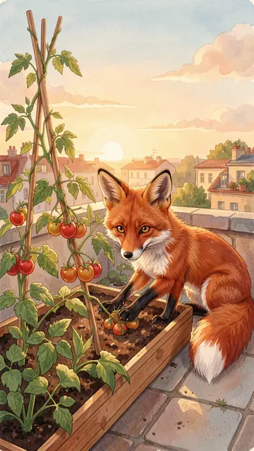Cute red fox tends a rooftop tomato planter during warm golden hour sunset over a city