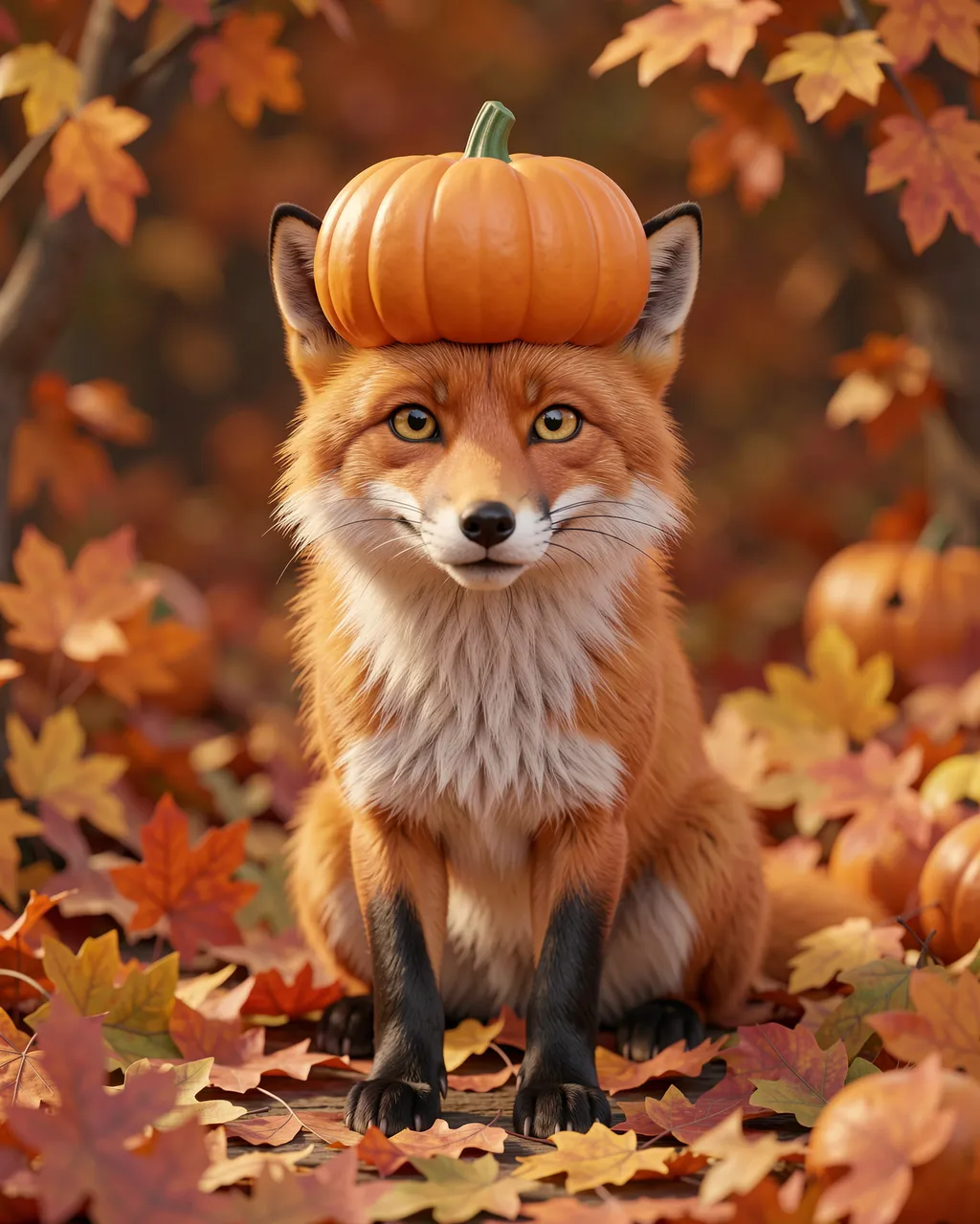 A red fox sits among fall leaves with a small pumpkin balanced on its head for Halloween.