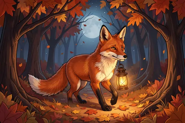 A red fox carries a glowing lantern through a moonlit autumn woods on a dark Halloween night
