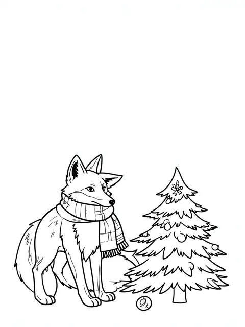 Black and white line art of a fox wearing a plaid scarf standing next to a small decorated pine tree on a plain white