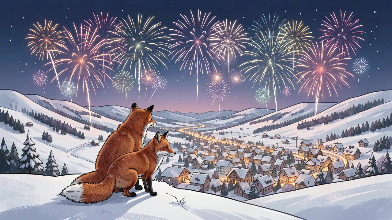 Two red foxes sit on a snowy hilltop looking at fireworks over a lit valley village at night
