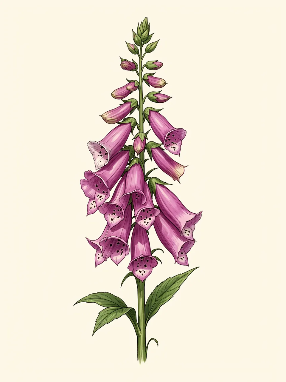 Detailed botanical illustration of a spotted pink foxglove stem set against a cream background