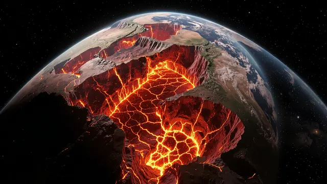 A view from space shows a planet split by a vast glowing canyon filled with molten lava