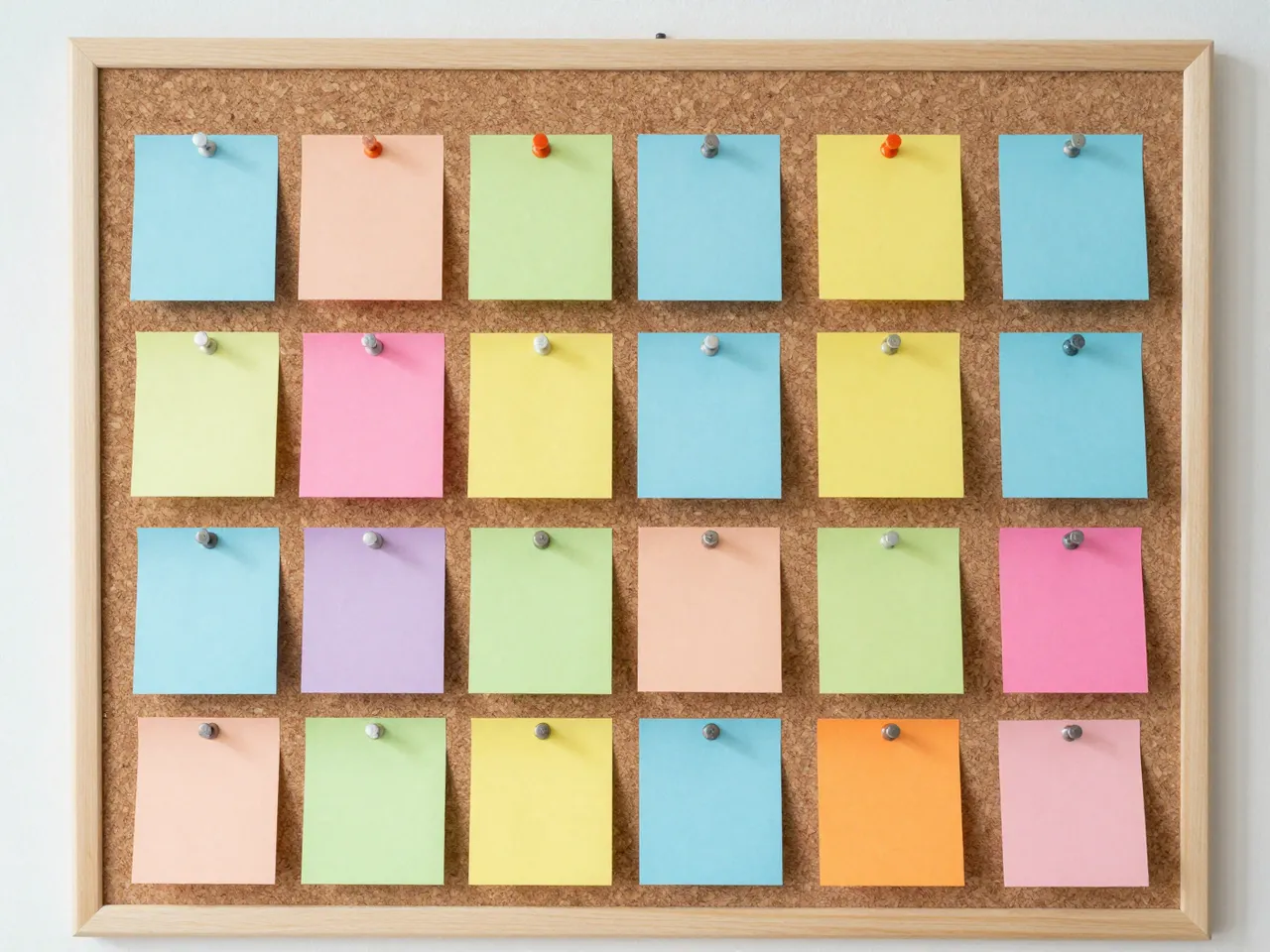 Framed cork bulletin board holding neat rows of blank colored paper cards secured with push pins under soft indoor light