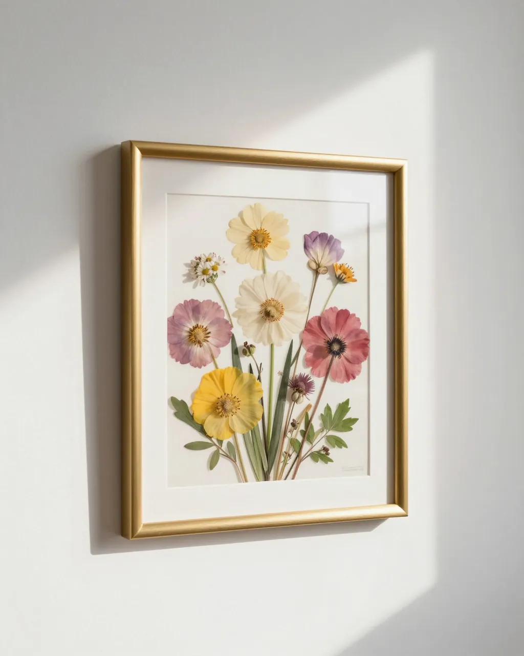 Gold framed pressed floral artwork hangs on a plain white wall in soft window light