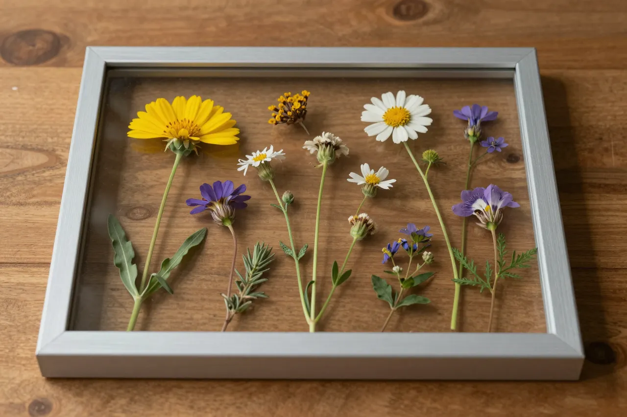 A glass picture frame holding arranged pressed wildflowers rests on a wooden tabletop