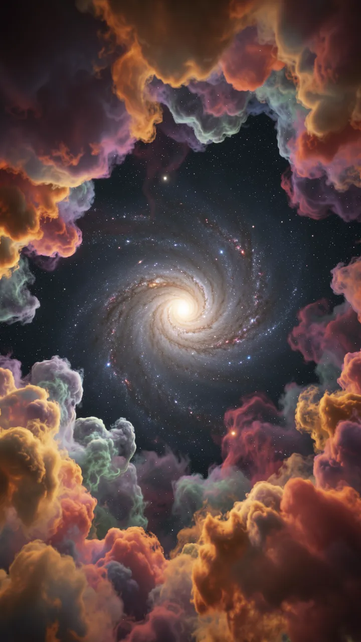 A distant spiral galaxy sits framed by glowing colorful foreground nebula clouds against a starry dark space background