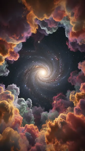 A distant spiral galaxy sits framed by glowing colorful foreground nebula clouds against a starry dark space background