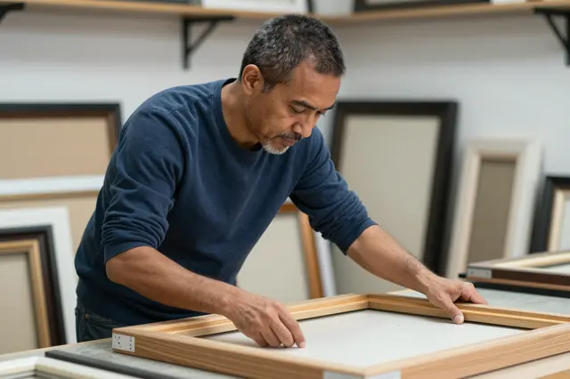 A middle aged mixed race man adjusts a wooden picture frame at his framing shop workbench