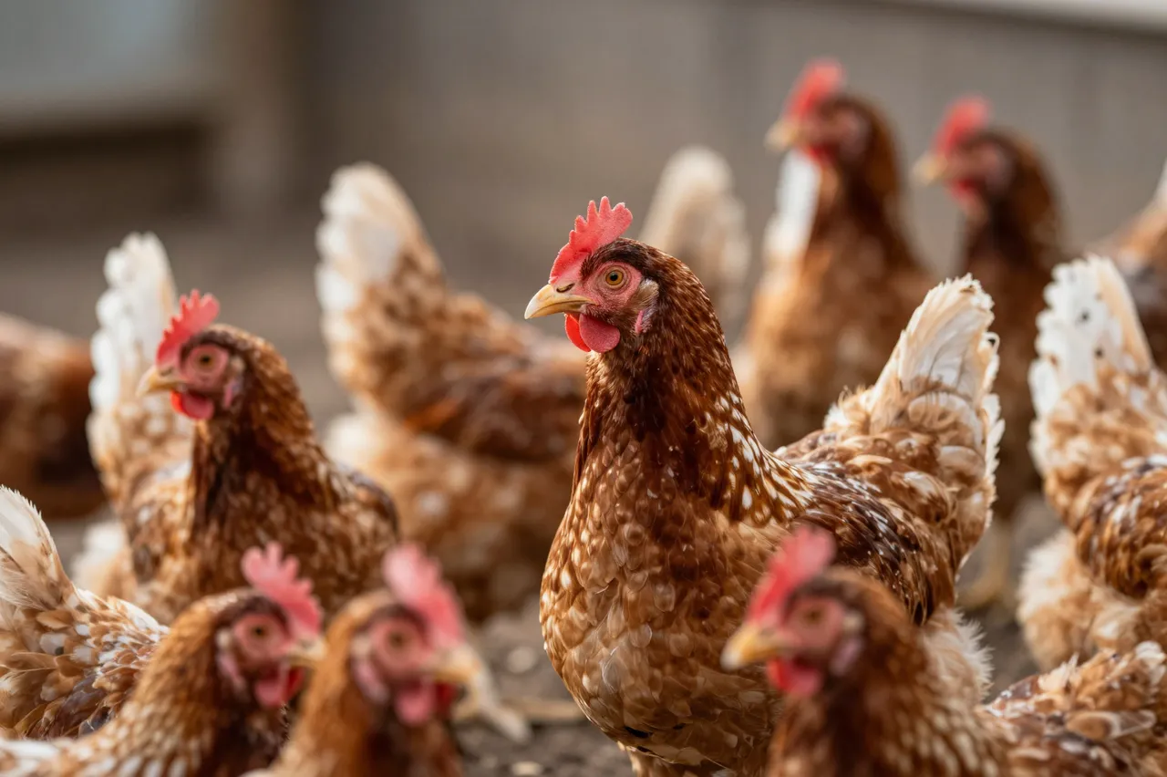A group of brown and white hens stand and peck in a sunlit farmyard with soft blurred background.