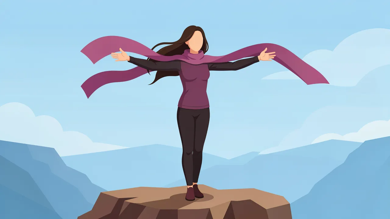 Faceless woman with arms outstretched stands on a cliff as her scarf blows in the wind over layered mountains
