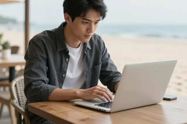 A young man types on an unbranded silver laptop at a beachside cafe table overlooking the ocean.