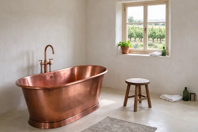 A polished freestanding copper bathtub sits in a limewashed bathroom with a wooden stool and window overlooking an orchard.