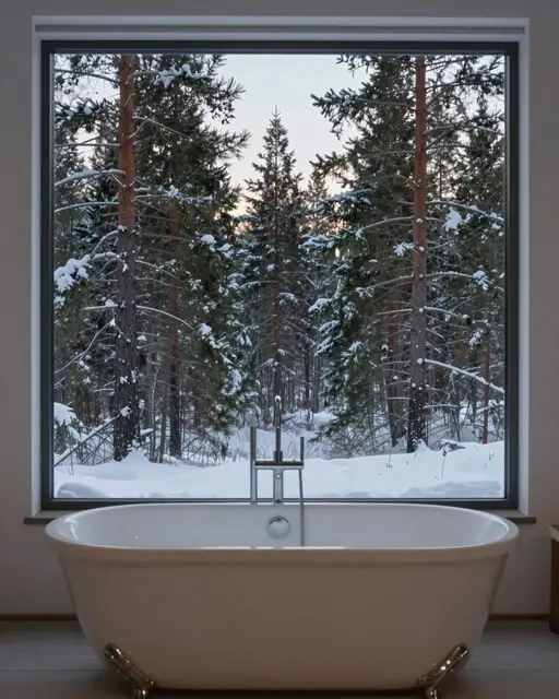 White freestanding clawfoot bathtub sits in front of a large window overlooking a snow-covered pine forest at dusk