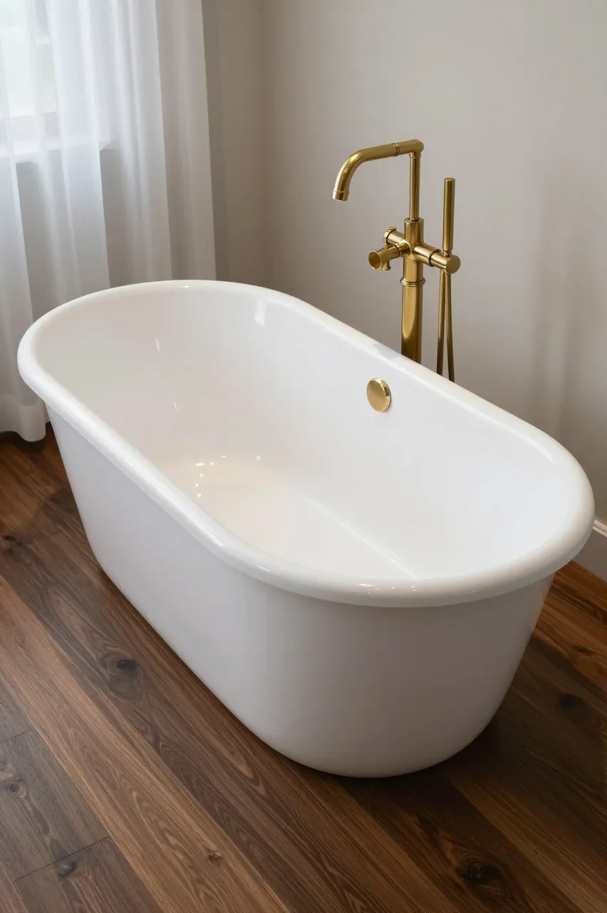Oval white freestanding tub with brass floor faucet sits on dark wood floors next to a sheer curtain