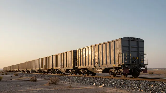 A long line of grey freight rail cars sits on tracks crossing an arid desert at golden hour