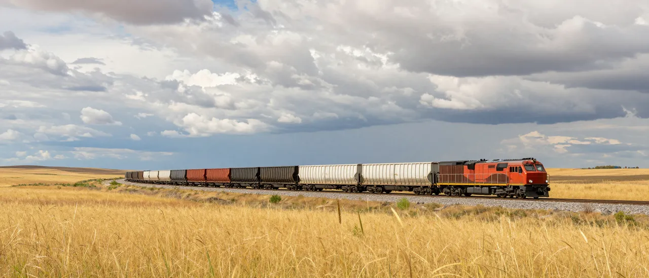 A long freight train curves through dry golden grassland under a cloudy wide sky