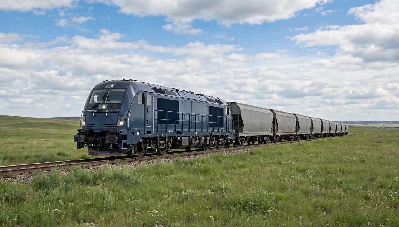 Dark blue freight locomotive hauling gray wagons across a grassy prairie under a cloudy blue sky