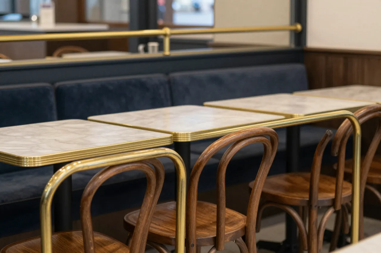 Empty French bistro interior with bentwood chairs, marble tables, brass rails and upholstered booths