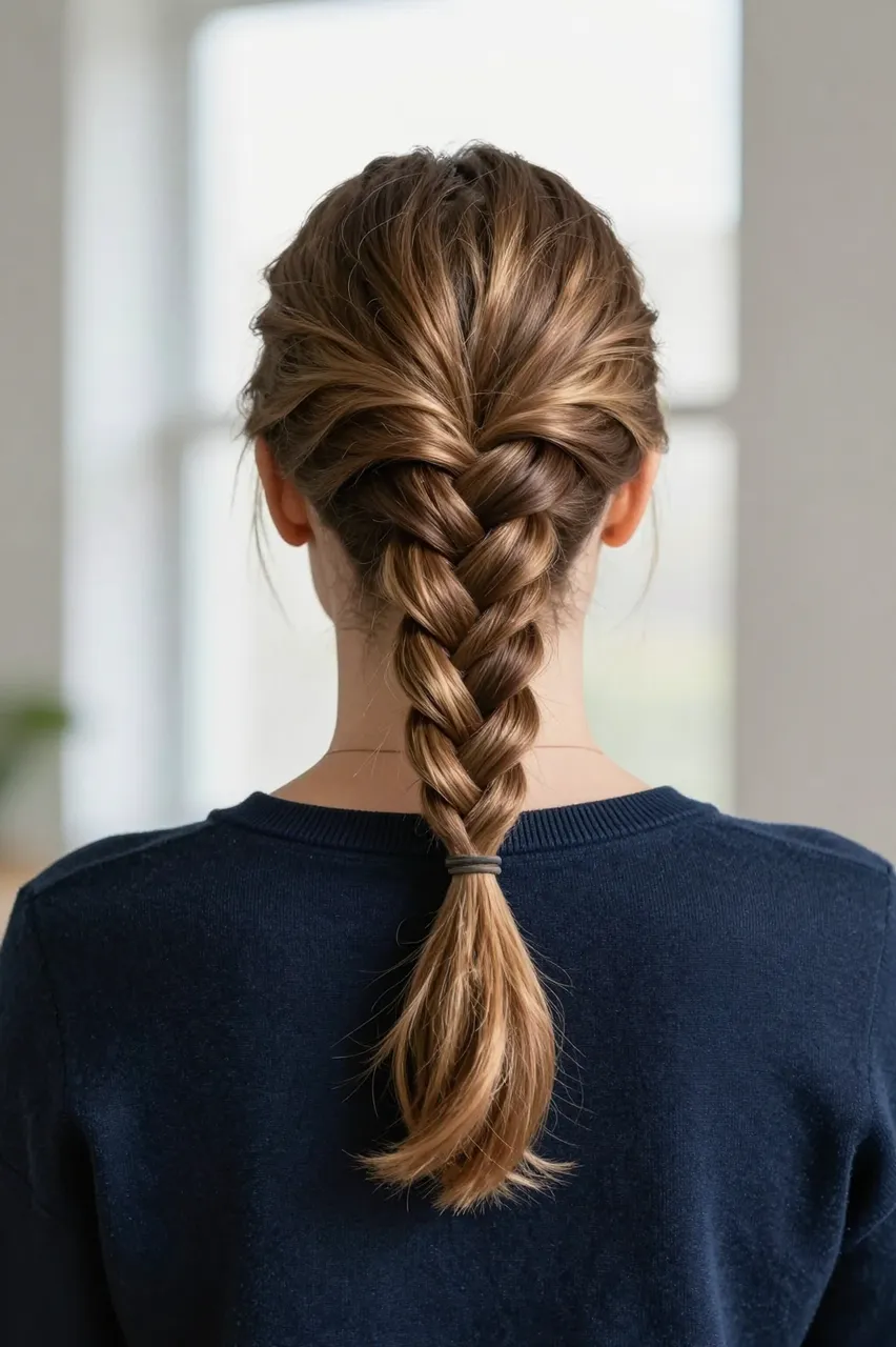 Back view of a woman with a long French braid wearing a navy sweater by a bright window
