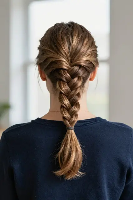 Back view of a woman with a long French braid wearing a navy sweater by a bright window